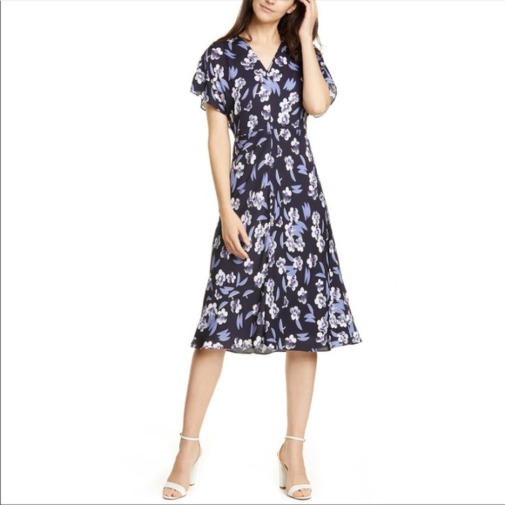 NWT Lewit Floral Print V-Neck Navy Night Cocktail Casual Flutter Sleeve Dress 14